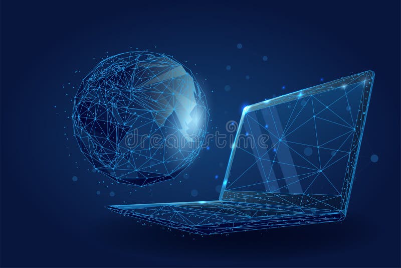 Χαμηλός πολυ σφαιρικός κόσμος wireframe Πλανήτης Γη στην οθόνη lap-top ελεύθερη απεικόνιση δικαιώματος