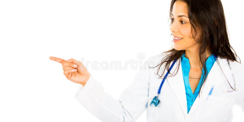 Χαμογελώντας βέβαια γιατρός θηλυκών ή νοσοκόμα ή επαγγελματίας υγειονομικής περίθαλψης που δείχνουν στο διάστημα αντιγράφων