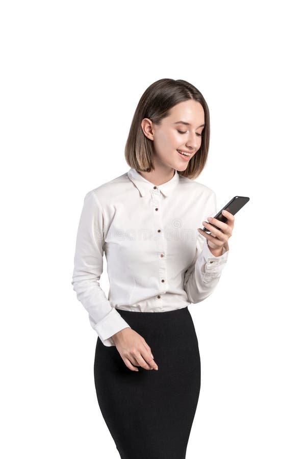 Χαμογελαστή επιχειρηματίας με smartphone, απομονωμένη στοκ φωτογραφία με δικαίωμα ελεύθερης χρήσης