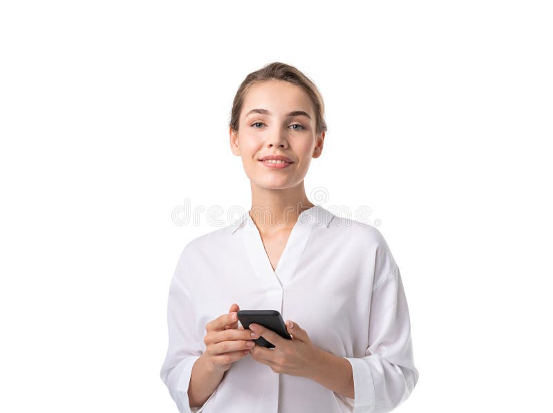 χαμογελαστή νεαρή επιχειρηματίας με smartphone στοκ εικόνα