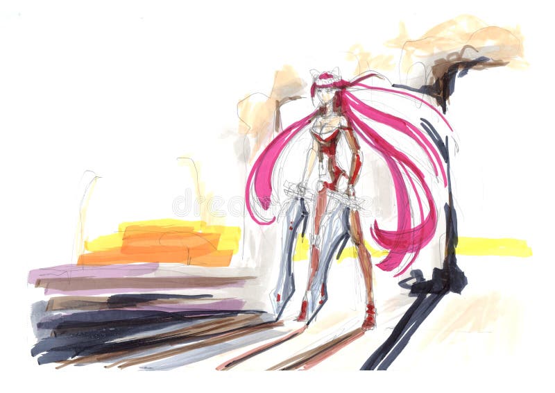 Χαρακτήρας έννοια, σκίτσο, anime κορίτσι με την κόκκινη τρίχα, με τα ξίφη διανυσματική απεικόνιση Χαρακτήρας έννοια, σκίτσο, anime κορίτσι με την κόκκινη τρίχα, με τα ξίφη διανυσματική απεικόνιση
