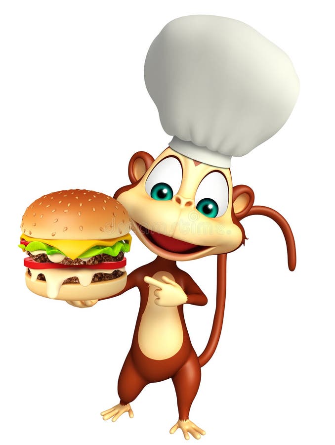 Χαρακτήρας κινουμένων σχεδίων πιθήκων με burger και αρχιμαγείρων το καπέλο απεικόνιση αποθεμάτων