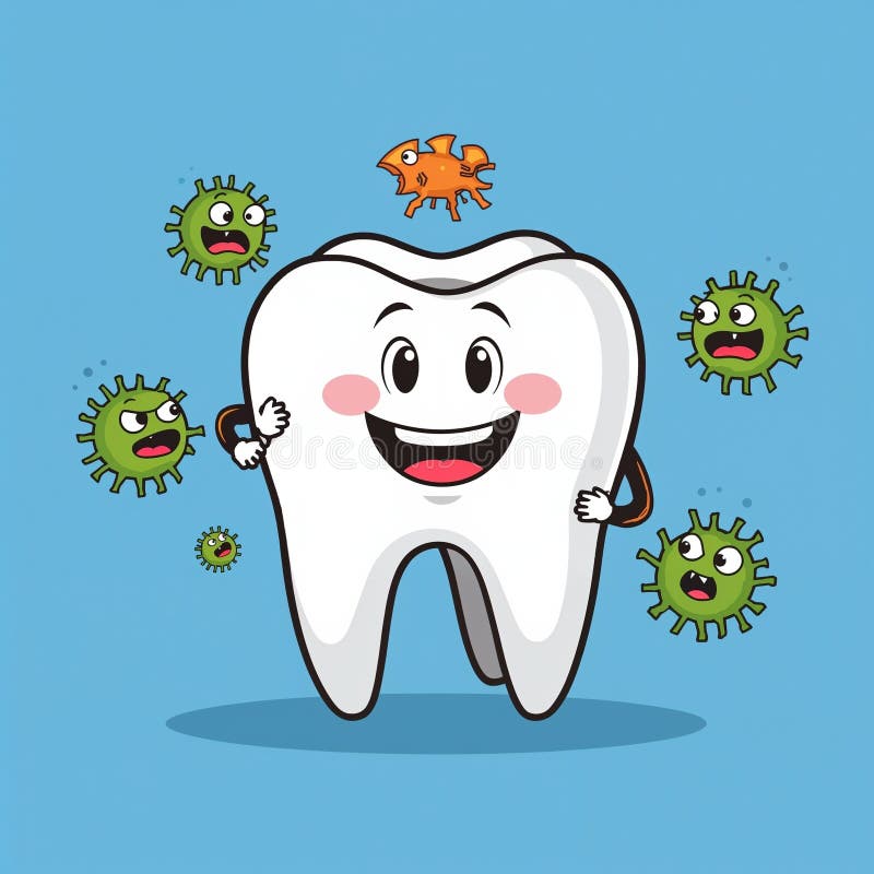 Χαρακτήρας κινούμενης εικόνας Happy Tooth περιτριγυρισμένος από βακτήρια ελεύθερη απεικόνιση δικαιώματος