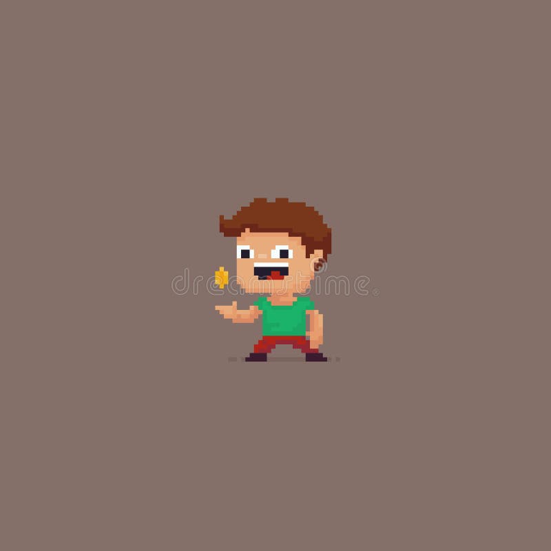 Pixel art happy male character tossing a coin. Pixel art happy male character tossing a coin