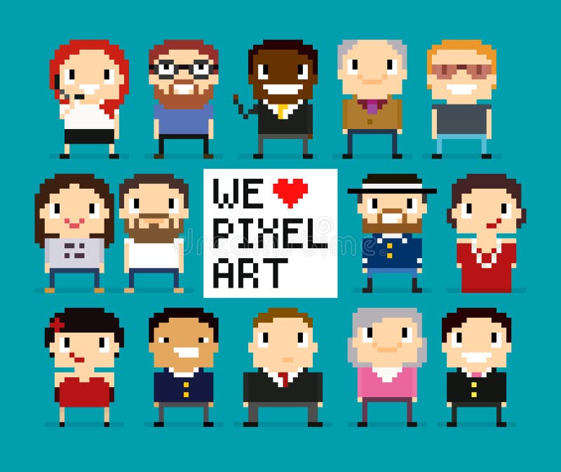Different pixel art characters, 8 bit people, pixel office workers, we love pixel art sign with pixel heart. Different pixel art characters, 8 bit people, pixel office workers, we love pixel art sign with pixel heart