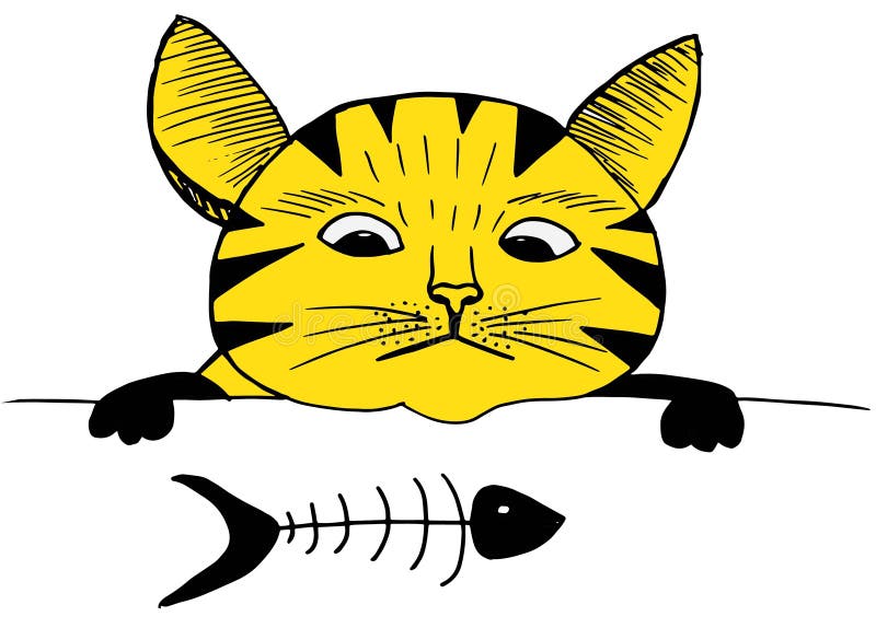 Χαριτωμένα γάτα και ψάρια Ύφος κινούμενων σχεδίων, σχέδιο χεριών