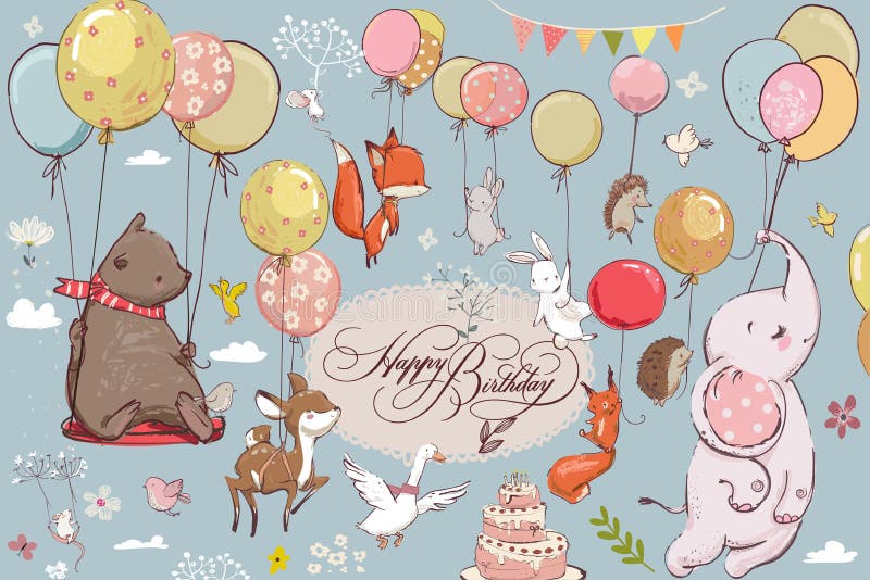 Set with cute animals flying with balloons. Set with cute animals flying with balloons