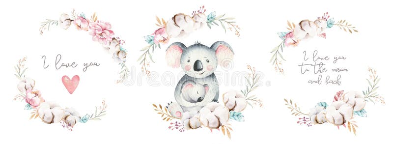 Χαριτωμένα κινούμενα σχέδια Watercolor λίγα μωρό και mom koala με το floral στεφάνι Απομονωμένη τροπική απεικόνιση Μητέρα και μωρ ελεύθερη απεικόνιση δικαιώματος