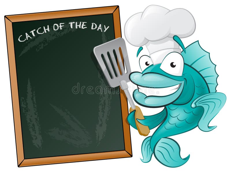 Χαριτωμένα ψάρια αρχιμαγείρων με Spatula και επιλογών τον πίνακα. διανυσματική απεικόνιση
