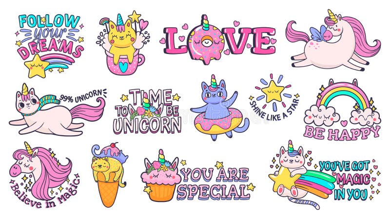 Cute slogan patches. Time to be unicorn, shine like star and follow your dreams signs with happy cat, sweet candies and magic pony. Motivation slogan vector sticker isolated illustration signs set. Cute slogan patches. Time to be unicorn, shine like star and follow your dreams signs with happy cat, sweet candies and magic pony. Motivation slogan vector sticker isolated illustration signs set