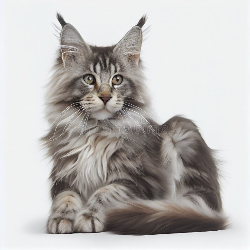 χαριτωμένη γάτα maine coon λευκό φόντο για αφίσες και web. απεικόνιση αποθεμάτων