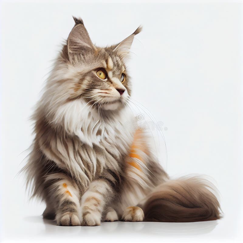 χαριτωμένη γάτα maine coon λευκό φόντο για αφίσες και web. γενική ai