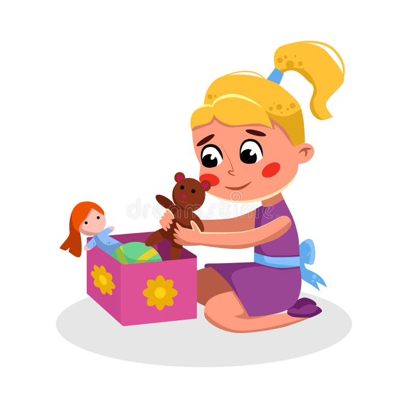 Cute Girl Sitting on Floor Playing Toys, Kids Good Behavior Cartoon Style Vector Illustration Isolated on White Background. Cute Girl Sitting on Floor Playing Toys, Kids Good Behavior Cartoon Style Vector Illustration Isolated on White Background.