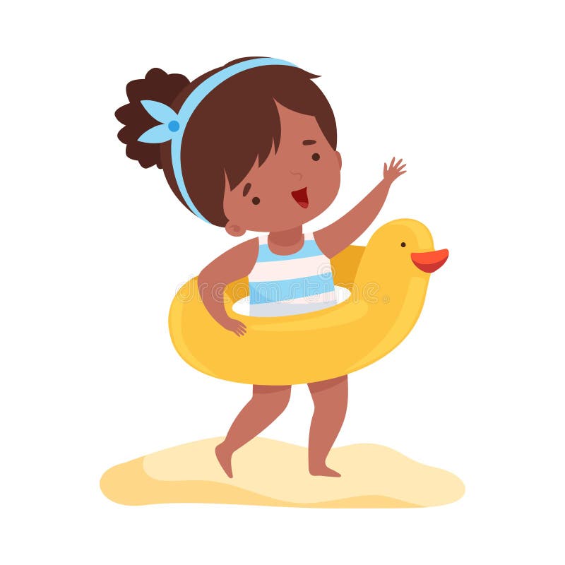 Cute Girl Standing with Inflatable Yellow Duck Swim Ring, Kids Summer Activities, Adorable Child Having Fun on Beach on Holidays Cartoon Vector Illustration Isolated on White Background. Cute Girl Standing with Inflatable Yellow Duck Swim Ring, Kids Summer Activities, Adorable Child Having Fun on Beach on Holidays Cartoon Vector Illustration Isolated on White Background.