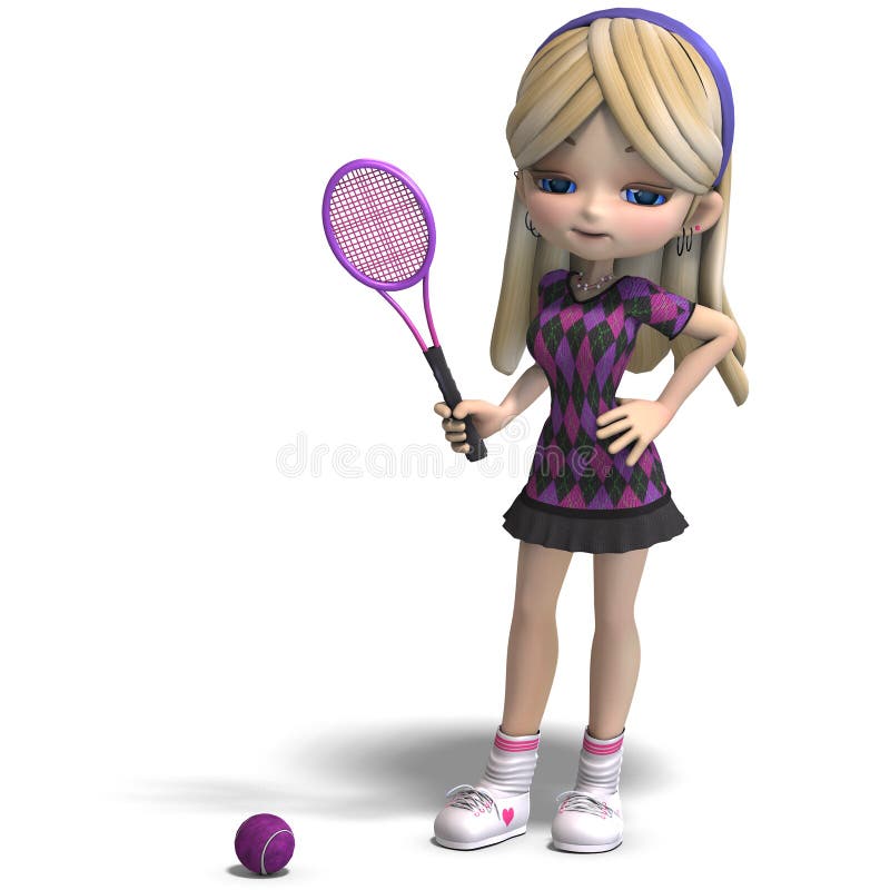 Cute girl with long hair plays tennis. 3D rendering with clipping path and shadow over white. Cute girl with long hair plays tennis. 3D rendering with clipping path and shadow over white