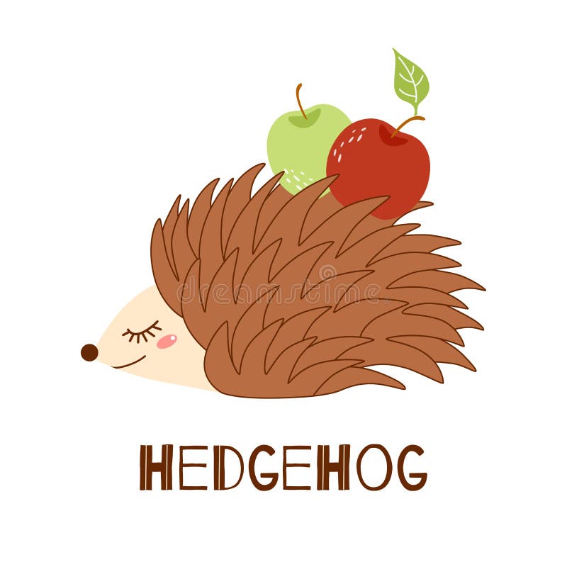 χαριτωμένο hegehog με το μήλο απομονωμένο σε λευκό. εικονογράφηση για παιδιά. άγρια ζώα. στυλ σκίτσου. φθινοπωρινό γραφικό διανυσματική απεικόνιση