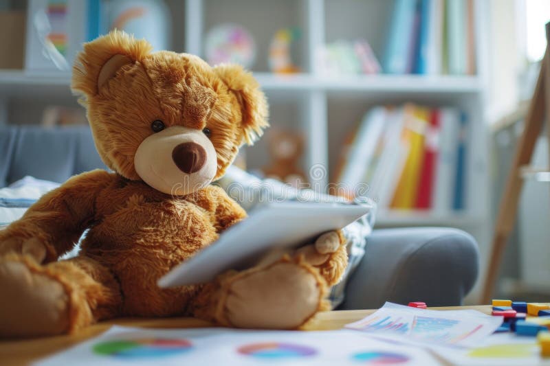 χαριτωμένο αρκουδάκι που ασχολείται με tablet εν μέσω πολύχρωμων γραφημάτων σε ένα ζεστό σαλόνι στοκ φωτογραφίες