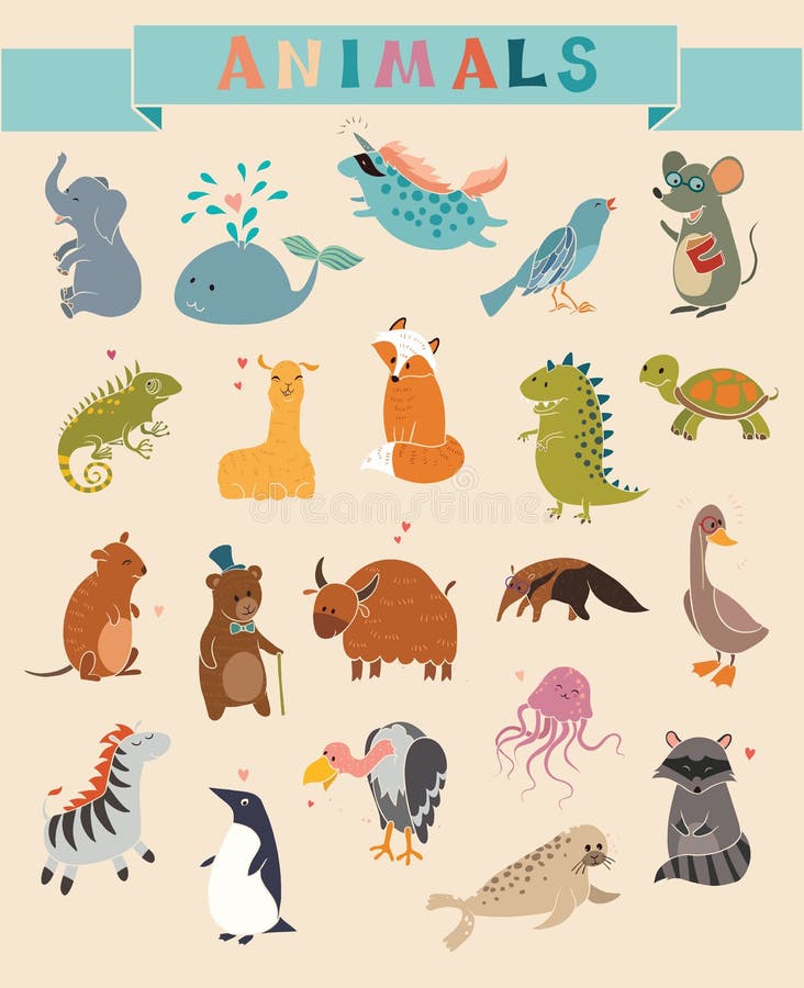 Cute Animals vector set. Hand-drawn style. Stickers, posters, background. Cute Animals vector set. Hand-drawn style. Stickers, posters, background