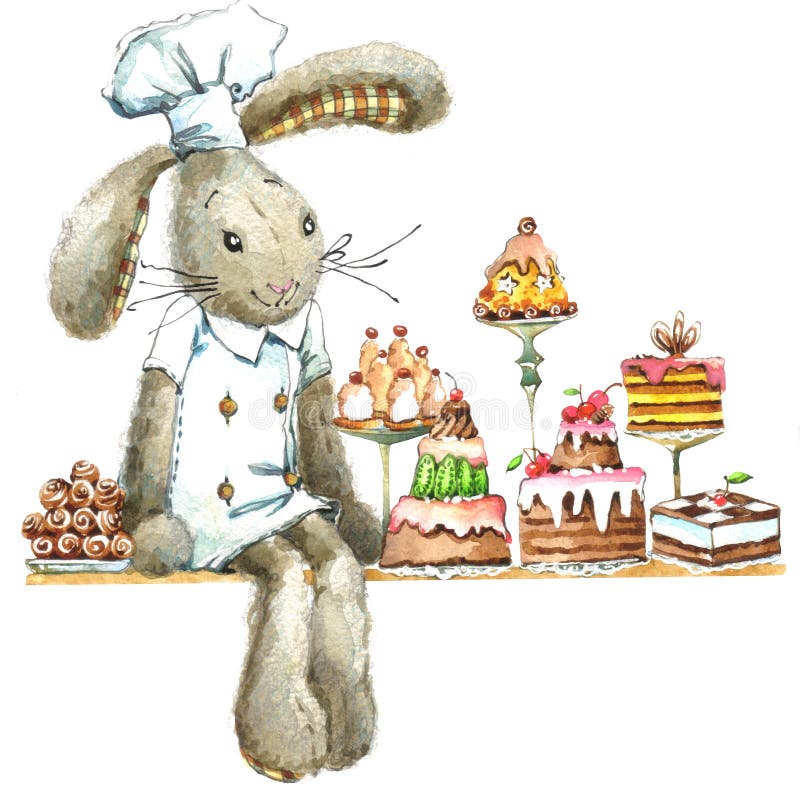Χαριτωμένο κουνέλι και cupcakes Λαγουδάκι Watercolor απεικόνιση αποθεμάτων