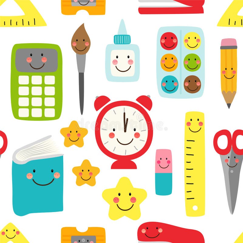 Cute childish seamless pattern Back to School supplies as smiling cartoon characters for your decoration. Cute childish seamless pattern Back to School supplies as smiling cartoon characters for your decoration