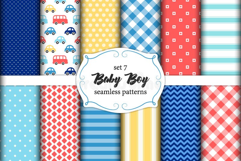 Cute set of geometric scandinavian Baby Boy seamless patterns with fabric textures for your decoration. Cute set of geometric scandinavian Baby Boy seamless patterns with fabric textures for your decoration