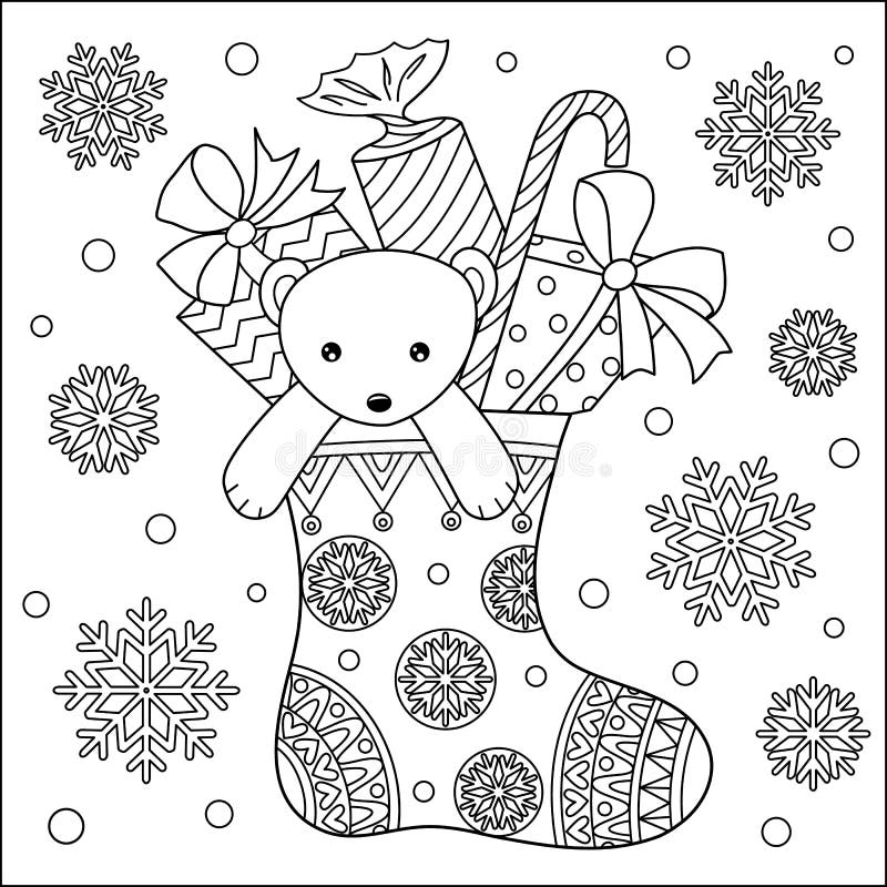 Χαριτωμένος αντέξτε teddy και τα δώρα στη χρωματίζοντας σελίδα καλτσών ελεύθερη απεικόνιση δικαιώματος Χαριτωμένος αντέξτε teddy και τα δώρα στη χρωματίζοντας σελίδα καλτσών ελεύθερη απεικόνιση δικαιώματος