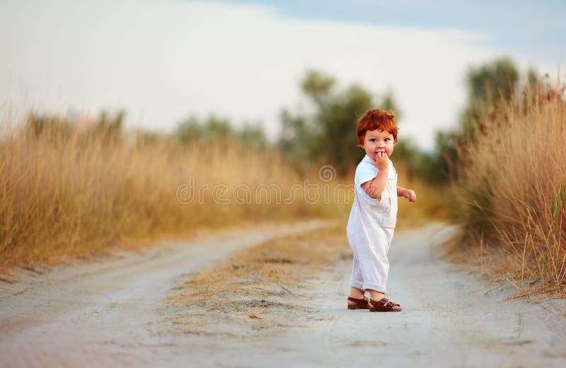 Χαριτωμένος λίγο redhead αγοράκι που περπατά στην αγροτική πορεία στη θερινή ημέρα στοκ εικόνες με δικαίωμα ελεύθερης χρήσης