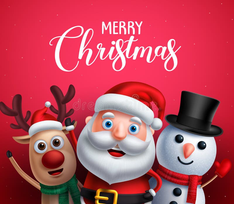 Merry christmas greeting text with santa claus, reindeer and snowman vector characters happy sing christmas carol in red background. Vector illustration. Merry christmas greeting text with santa claus, reindeer and snowman vector characters happy sing christmas carol in red background. Vector illustration.