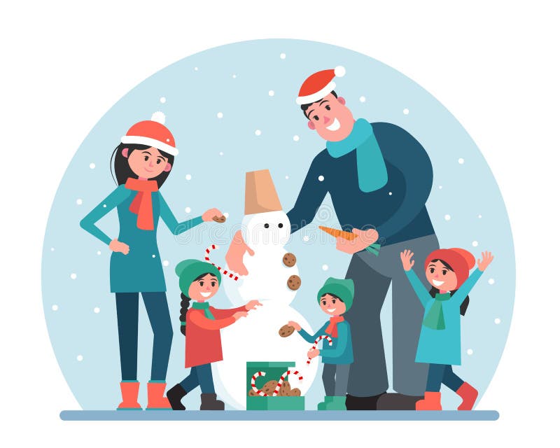 Happy family sculpt and decorate a snowman. Mom, dad, daughters and son. Parents and children outdoors in a snowfall. Vector illustration in a flat style. Happy family sculpt and decorate a snowman. Mom, dad, daughters and son. Parents and children outdoors in a snowfall. Vector illustration in a flat style.