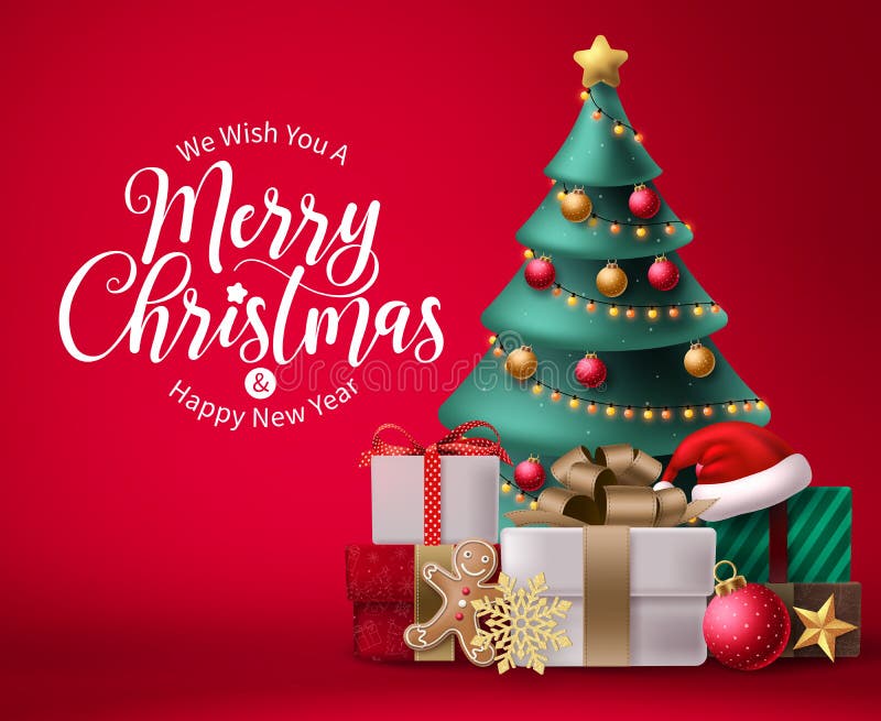 Merry christmas vector background design. Christmas greeting in red space for text with colorful 3d elements like xmas tree, balls, lights and gift box for holiday season celebration. Vector illustration. Merry christmas vector background design. Christmas greeting in red space for text with colorful 3d elements like xmas tree, balls, lights and gift box for holiday season celebration. Vector illustration