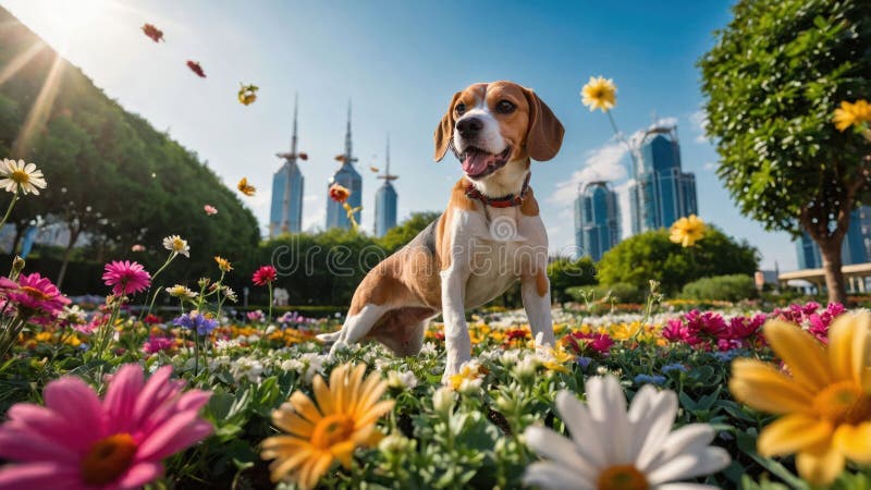 Χαρούμενο σκυλί Beagle που ποζάρει στον κήπο με ζωντανά λουλούδια με φόντο το Cityscape ελεύθερη απεικόνιση δικαιώματος