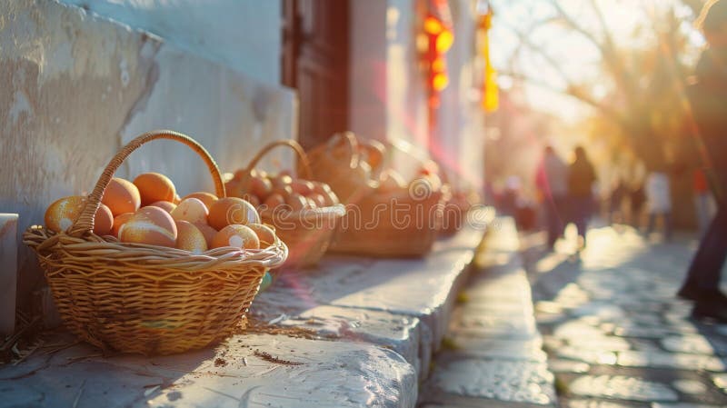 Χαρούμενοι Ορθόδοξοι πιστοί συγκεντρώνονται στην εκκλησία για να ευλογήσουν το Πάσχα το πρωί. στοκ εικόνες με δικαίωμα ελεύθερης χρήσης
