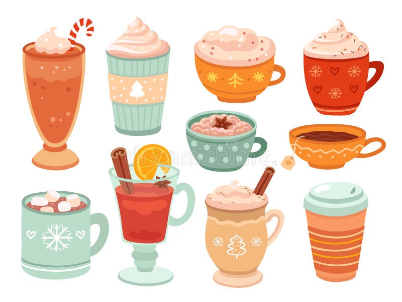 Winter holiday drinks. Mulled wine, hot cocoa whipped cream coffee. Isolated warm christmas cup latte tea chocolate marshmallow vector set. Christmas cocoa drink, coffee mug for winter illustration. Winter holiday drinks. Mulled wine, hot cocoa whipped cream coffee. Isolated warm christmas cup latte tea chocolate marshmallow vector set. Christmas cocoa drink, coffee mug for winter illustration