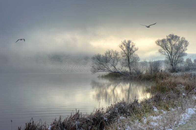 Pchelina Dam, Bulgaria in winter with some beautiful mists, shades and two birds flying over. Pchelina Dam, Bulgaria in winter with some beautiful mists, shades and two birds flying over.