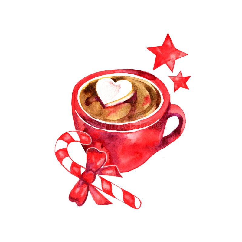 Winter hot drink, cacao with marshmallows. Cup of hot chocolate with marshmallows and cinnamon. Traditional beverage for winter time. Watercolor illustration. Winter hot drink, cacao with marshmallows. Cup of hot chocolate with marshmallows and cinnamon. Traditional beverage for winter time. Watercolor illustration.