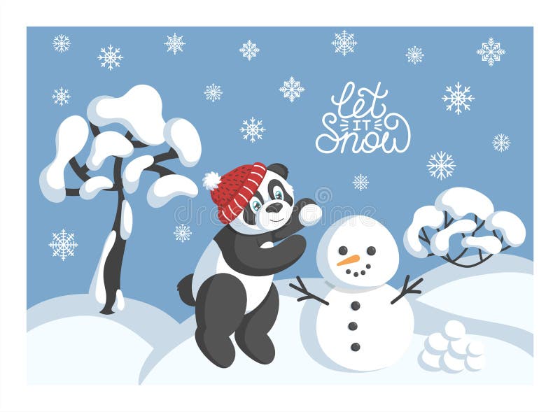 Winter card with panda in red hat sculpt snowman and text `let it snow. Winter card with panda in red hat sculpt snowman and text `let it snow.