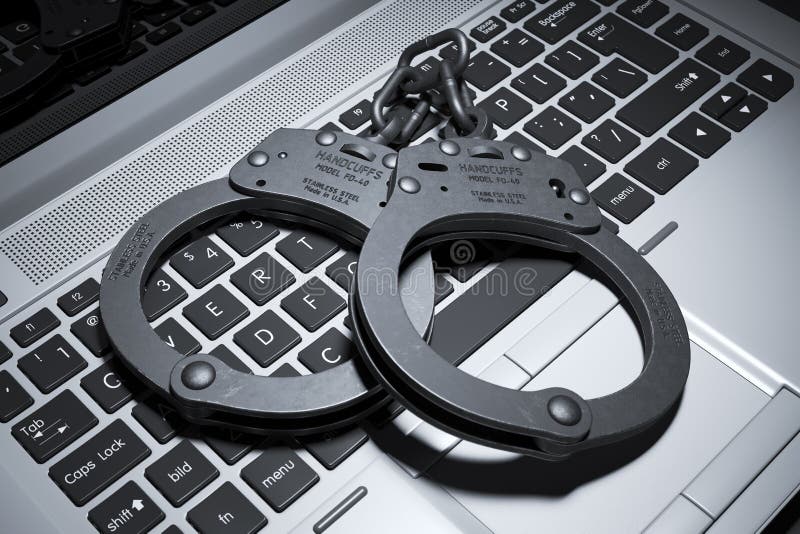 Χειροπέδες στο πληκτρολόγιο lap-top Έννοια πνευματικών δικαιωμάτων τρισδιάστατη απεικόνιση αποθεμάτων Χειροπέδες στο πληκτρολόγιο lap-top Έννοια πνευματικών δικαιωμάτων τρισδιάστατη απεικόνιση αποθεμάτων