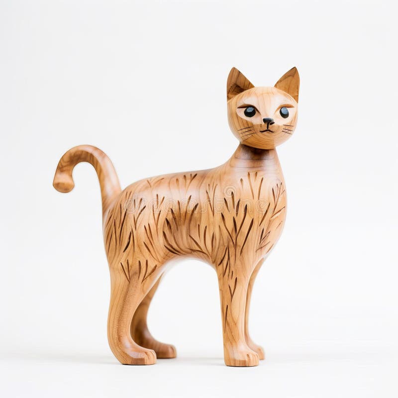 χειροποίητη ξύλινη γάτα manx figurine σε λευκό φόντο ελεύθερη απεικόνιση δικαιώματος