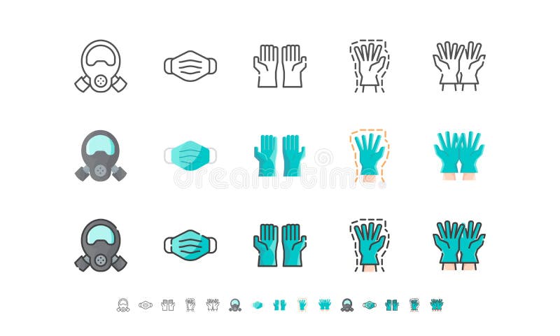 Surgical Mask And Medical Gloves. Covid-19, Coronavirus Disease 2019 Prevention. Line Outline, Flat, Filled Icons Set. Editable Stroke. Vector illustration EPS 10. Surgical Mask And Medical Gloves. Covid-19, Coronavirus Disease 2019 Prevention. Line Outline, Flat, Filled Icons Set. Editable Stroke. Vector illustration EPS 10