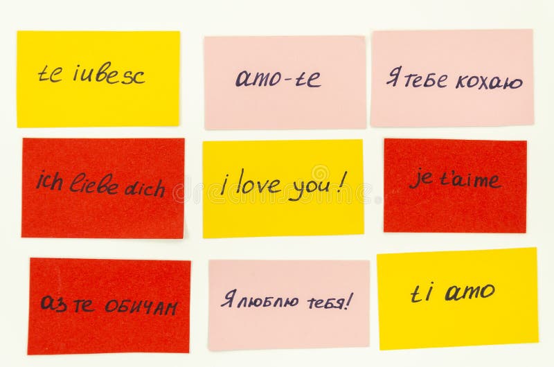 Handwritten flashCards with a phrase I love you in different languages. Learning New Language concept. Handwritten flashCards with a phrase I love you in different languages. Learning New Language concept.