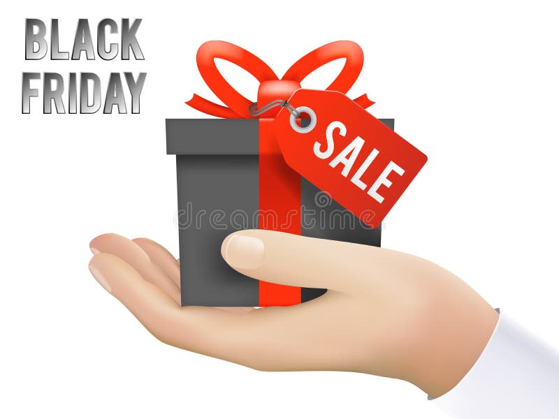 Hand Holding Black Friday Gift Box Sale Discount Tag Present Isolated Icon Shop Realistic Design 3d Template Vector Illustration. Hand Holding Black Friday Gift Box Sale Discount Tag Present Isolated Icon Shop Realistic Design 3d Template Vector Illustration