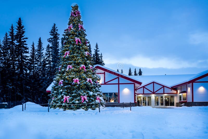 Beautiful Christmas Tree and Santa Claus House in winter holiday season. North Pole, Alaska. Beautiful Christmas Tree and Santa Claus House in winter holiday season. North Pole, Alaska