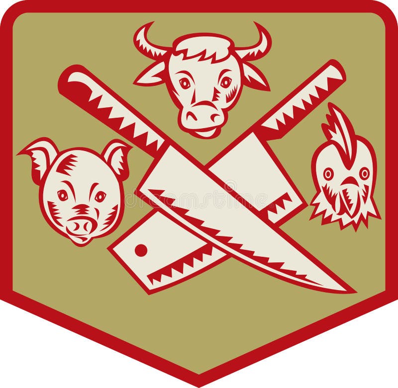 Imagery shows a Cow,pig and chicken with crossed butcher knife set inside a shield. Imagery shows a Cow,pig and chicken with crossed butcher knife set inside a shield