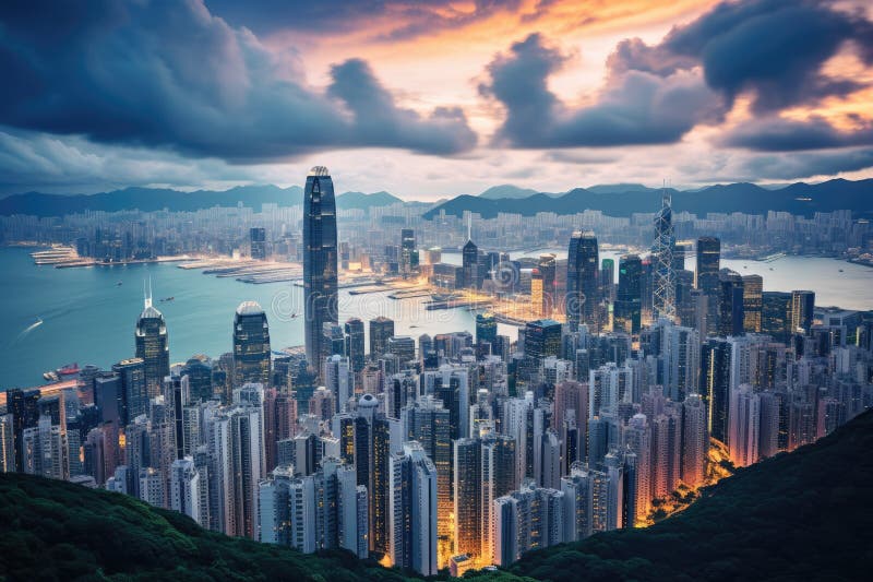 χονγκ κονγκ κιτοπίο στο sunset hong kong island skyline χονγκ κονγκ και kowloon από την βικτώρια πικ διανυσματική απεικόνιση