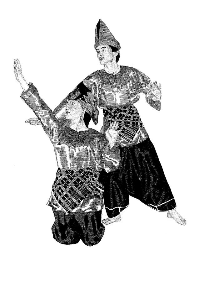 Handmade black and white drawing of dancing pair, performing traditional Sumatran dance, Indonesia. Handmade black and white drawing of dancing pair, performing traditional Sumatran dance, Indonesia