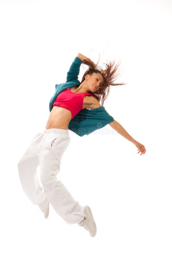 New pretty modern slim hip-hop style woman dancer break dancing isolated on a white studio background. New pretty modern slim hip-hop style woman dancer break dancing isolated on a white studio background
