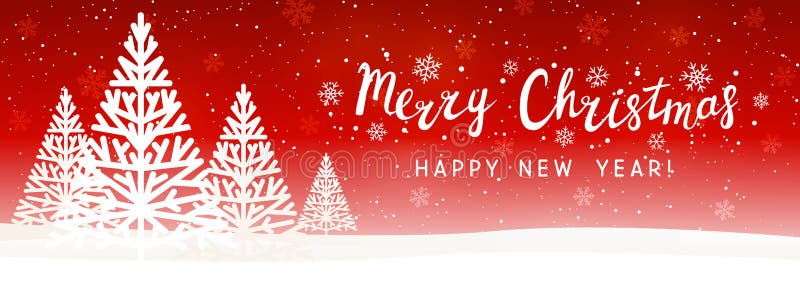 Christmas trees on red starry background - horizontal panoramic banner. Christmas trees on red starry background - horizontal panoramic banner