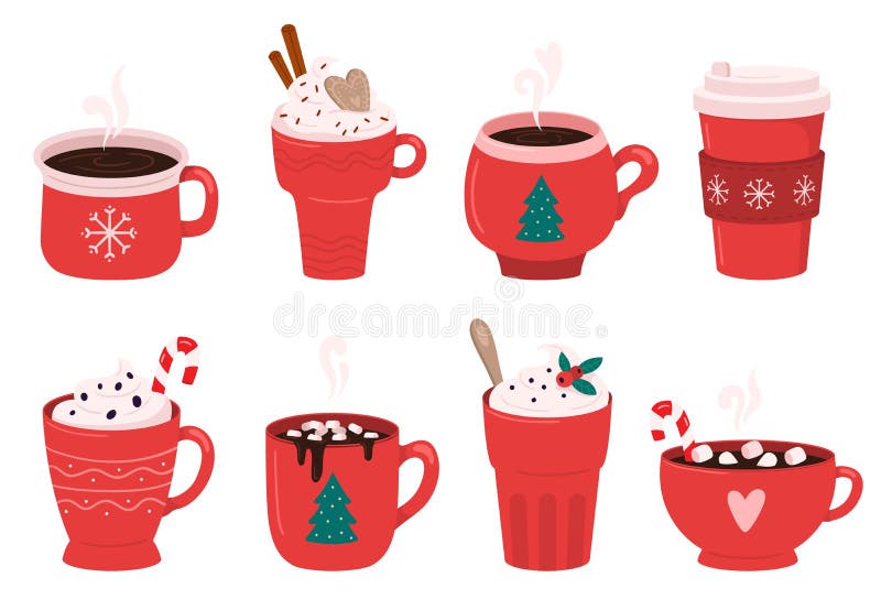 Christmas holiday coffee mug. Cocoa with marshmallows, winter warming drinks and hot espresso cup. Xmas hot chocolate mugs or winter cappuccino and latte cups. Isolated vector illustration icons set. Christmas holiday coffee mug. Cocoa with marshmallows, winter warming drinks and hot espresso cup. Xmas hot chocolate mugs or winter cappuccino and latte cups. Isolated vector illustration icons set