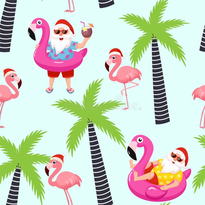 Christmas tropical pattern with Santa Claus and flamingo. Vector seamless texture. Christmas tropical pattern with Santa Claus and flamingo. Vector seamless texture