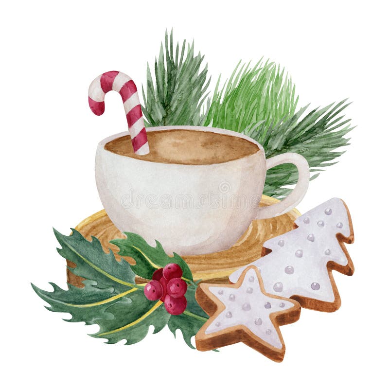 White mug with coffee drink decorated with holly and fir tree branch isolated on white background. White mug with coffee drink decorated with holly and fir tree branch isolated on white background